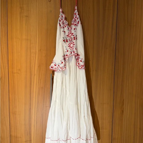 Free People White Maxi Cotton Dress with Red Embroidery - Picture 13 of 15
